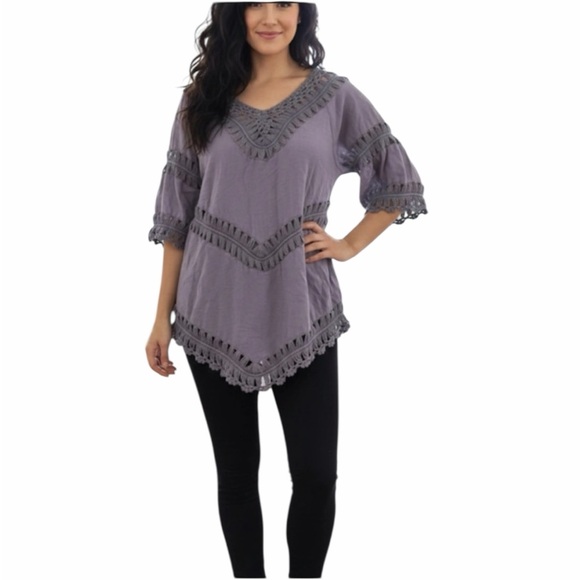 Dreamers Tops - Dreamers Dark Gray Crochet & Gauze Boho Fringe Tunic Blouse - Size Medium